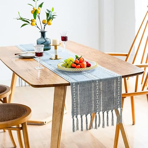 Yosoo Health Gear Retro Bordslöpare Bomull Linne Vävd Bordslöpare 13 X 72 Tum med Tofsar Handgjorda Textur och Broderier för Matbord Soffbord TV-bänk Bröllop Hem (#1)
