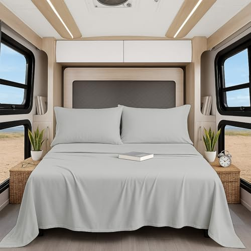Shreem Linen Luxury 4 Piece Microfiber RV Sheet Set, Deep Pocket Fits Up to 10 inch, Soft, Wrinkle-Resistant, Camper, Travel Trailer Bedding, Camper Queen 60x80, Light Grey