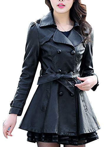YAOTT Mujer Trench coat de Moto Cuero Imitación Abrigo de invierno Largo Chaqueta de Cuero sintético Forrado de vellón Gabardina con cinturón Vellón negro M