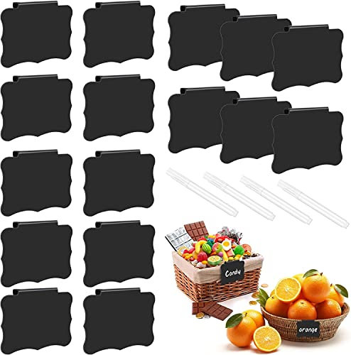 Meetory Clip Etikettenhalter 16 Stück, PVC Korb Etiketten Mit 4 Whiteboard Stifte, Abnehmbare Clips Etiketten, Regal Etikette Labels Küche Clip Halter für Speisekammer (8.8x7cm) Schwarz