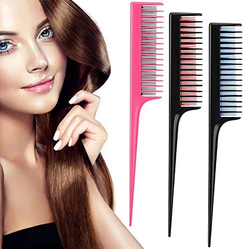 Leinuosen 3 Pcs Triple Teasing Comb for Women Plastic Rat Tail Comb Heat Resistant Pintail Tease Layer Tool for Thick Fine Hair Styling Backcombing Volume Structure(Black and Red Blue Pink)