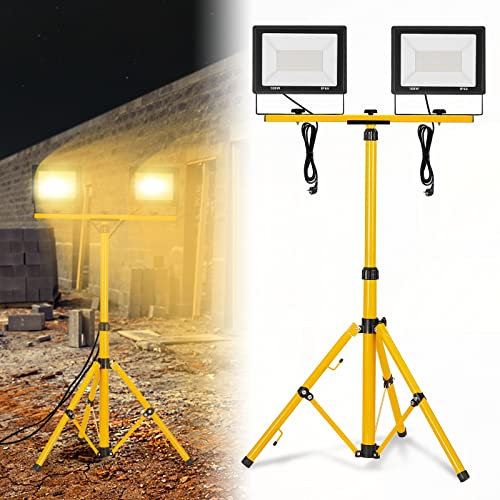LZQ Projecteur LED de chantier - 2 x 100 W - Blanc chaud - 8500 lm - Avec trépied et câble d'alimentation - IP66 - Étanche - Avec fiche - Projecteur de chantier