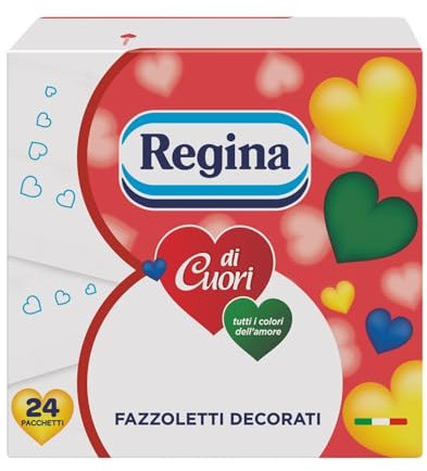 Regina di Cuori - 24 Pacchetti da 9 Fazzoletti di Carta Decorati, 4 Veli, Morbidi e Resistenti, Confezione con Apertura Facilitata, Carta 100% Certificata FSC®