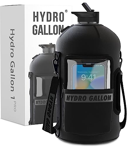 Hydro Gallon® 1 Pro - 1 Gallon Water Bottle Jug with Insulated Sleeve and Straw Lid, Handle, Time Marker, Pocket, Shoulder Strap. Daily Leakproof BPA free Large Big Bottle Men. 128oz (Black)