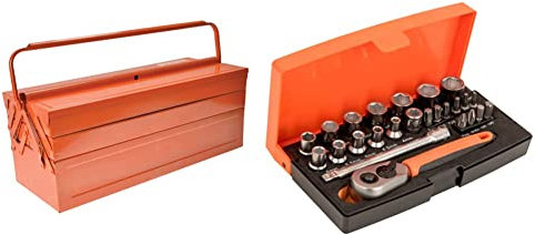 Bahco BH3149-OR CAJA HTA. P/Garage 5 COMP, Orange, 530 x 200 x 200 mm & SL25 Ratchet Socket Set, Metric 1/4 Drive, 25 Pieces