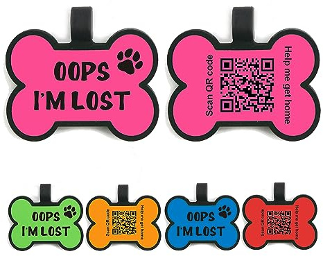 QR Code Dog Tags - ID Tags for Dogs - Silent Silicone Dog ID Tag - Cat ID Tag - Scan QR for Instant Pet Location Alert - Email (Pink Bone)