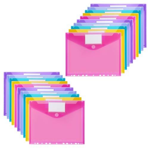 Sosayet Dokumententasche A4 Abheftbar - 20 Pack Dokumentenmappe A4 mit 11 Lochrand Klettverschluss und Etikettentasche - Wasserdicht Sammelmappen für Dokumente Organisieren (5 Farben)
