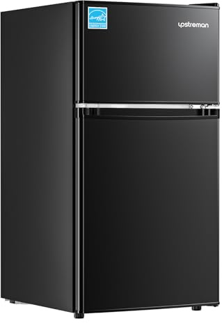 Upstreman 3.1 Cu.Ft Mini Fridge with Freezer, Double Door Small Fridge, Dorm Essentials, Adjustable Thermostat, Energy Saving, Mini Refrigerator for Office, Dorm, Bedroom, Black
