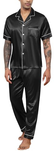 Reliwel Mens Silk Satin Pajamas Set 2 Piece Classic Pjs Sets Short Sleeve Button Up & Pajama Pants Loungewear Sets Black