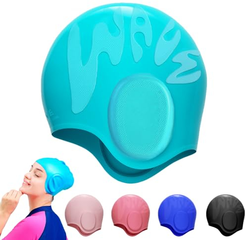 YOUYIKE Badekappe Gehörschutz 3D, Badehaube, Badekappe Damen Herren Mädchen Jungen, Schwimmmütze Damen Wasserdicht, Schwimmhaube für Kurze und Lange Haare(Blau)