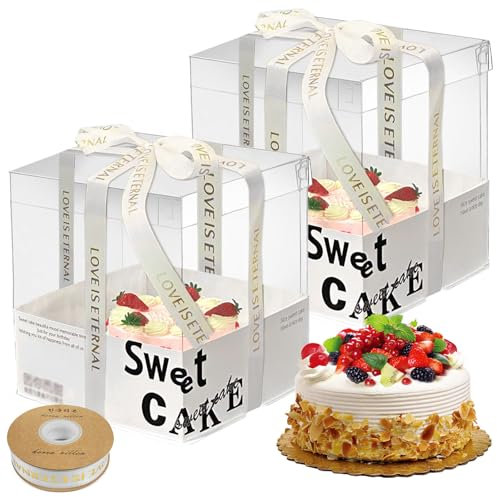 2 Stück Tortenschachtel Tortenkarton Tortenbox Transparenter Kuchen Transportbox Pappe 32x32x25cm Transparente Geschenkbox mit Sockel und Band für Geburtstag Dessert, Transparent mit Weiß