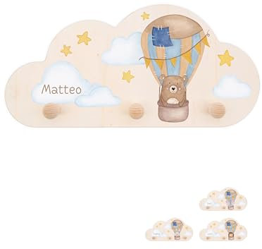 wunderwunsch® - Personalisierte Garderobe Kinder mit Spezial-Druck (inkl. 4 Haken)- Kinderzimmer Deko, Taufe Geschenk, Kindergeschenke, Geburt Geschenk (Bär Ballon)