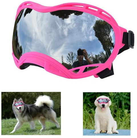 Soft Dog Goggles Large Breed Anti-UV Sunglasses, Large Dog Sunglasses Dustproof Windproof Snowproof Eye Protection (Pink Frame & Silver Lens)