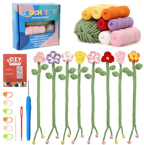ASTNIC Häkelset für Anfänger, 8 teiliges Blumen Lesezeichen Häkel Starter Set, Häkelgarn Set für Erwachsene, Kinder, DIY Bastelgeschenk mit Schritt für Schritt Videoanleitung, Häkelgarn und Haken