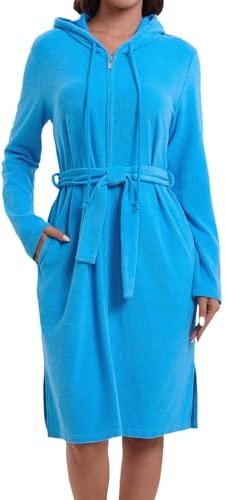 Mnamo Accappatoio da donna con cappuccio e cerniera, spugna con cintura, morbida microfibra a maniche lunghe, ideale per la casa e il benessere, turchese, XL