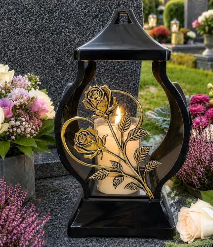 Grablaterne Grablampe Rose Herz Grablicht Kerze Grabschmuck Grabdekoration