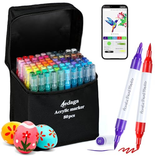 AEDAGA 80 Couleurs Feutre Acrylique avec App, Acrylic Marker Double Pointe | Pointe Pinceau & Fine | Numérotés | Séchage Rapide | Non toxique | Feutre Coloriage Adulte pour Bois, Œufs, Pierre, Verre
