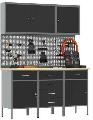 vidaXL Set di Armadi per Officina Industriale con 5 Cassetti e Pannelli per Attrezzi in Metallo e Legno Ingegnerizzato Regolabili in Altezza Sicuri Porte Bloccabili per Organizzazione