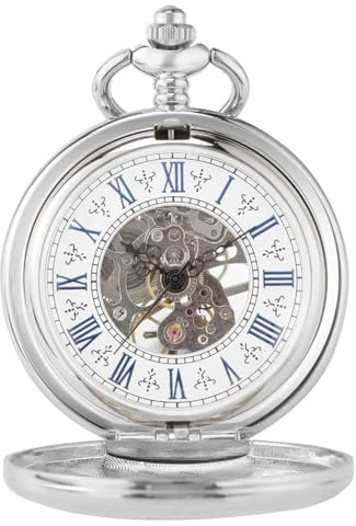 BOSHIYA Vintage Männer Mechanische Taschenuhr Dampfpunk Taschenuhr, Silbernes Hohlzifferblatt, Römische Ziffern