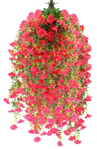 msymsyu Konstgjorda blommor petunia 4 stycken magenta 80 cm – konstgjorda hängande växter, konstgjord växt, hängande & hängande växt, perfekt för balkong och utomhusdekoration