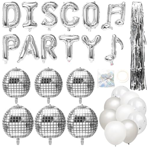 Palloncino Disco Party Set Completo, Addobbi per Feste Disco Anni 80-90 con Tema Discoteca e Grande Palla Disco Alluminio Argento 4D, Decorazioni per Feste a Tema Retrò
