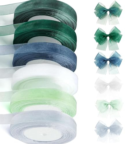 6 rotoli di nastro per fiocchi, nastro per regali verde bianco blu grigio, nastro in organza trasparente decorativo, nastro in chiffon nastro in tulle largo, nastro decorativo in organza per regali