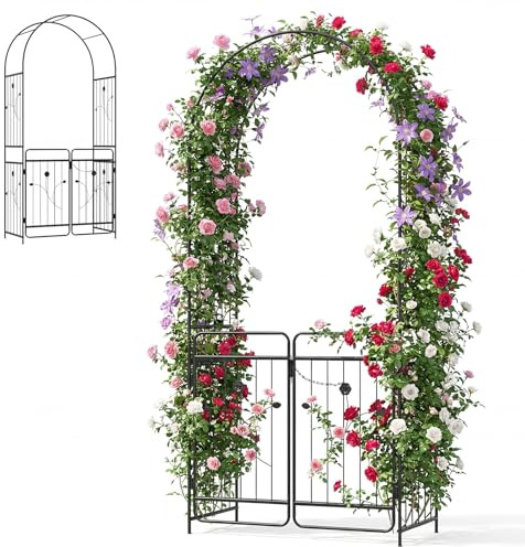 HOMASIS Arco da Giardino Alto con Porta Bloccabile, Pergolato Metallico Robusto con Graticcio e Mensole Laterali per Piante Rampicanti, per Matrimonio, Giardino, Prato (102 x 49,5 x 223 cm)