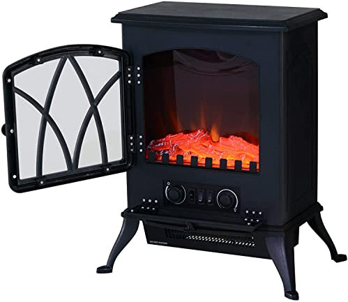 HOMCOM Chimenea Eléctrica de Pie 1000W/2000W Chimenea Decorativa con Ventana Efecto de Llama Brillo Ajustable y Protección Sobrecalentamiento para 15-30 ㎡ 45x28,5x54 cm Negro
