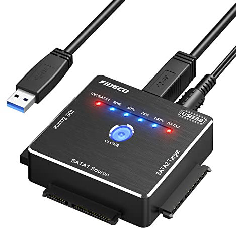 FIDECO USB 3.0 zu IDE und SATA Adapter, SATA zu IDE Festplatten Konverter, Externes Festplattenadapter für 2,5 und 3,5 Zoll HDD SSD, DVD-ROM/CD-ROM/CD-RW, Unterstützt Offline-Klonen