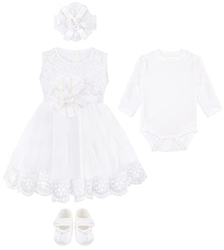 Lilax Baby Girl Newborn Christening Baptism Lace White Dress Gown 4 Piece Deluxe Set - White - 0-3 Months