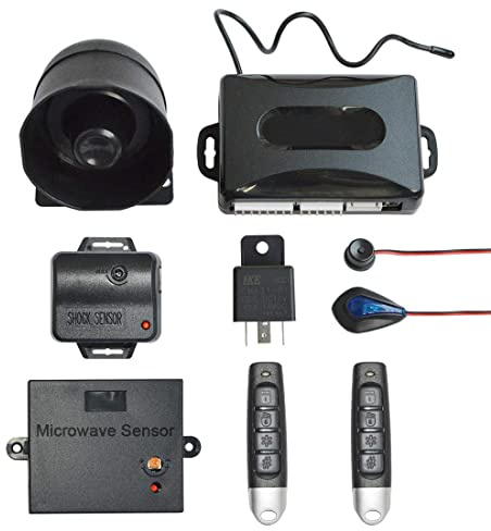 BANVIE Universal Car Security Alarm with Keyless Entry System, 2 Remote Transmitters, 6-Tone Siren, Shock Sensor, Central Locking Automation