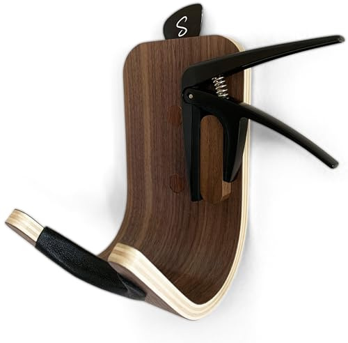 Guitar Wall Mount Hook: Modern Design Walnut Wood Guitar Hanger for Storage & Display. Heavy Duty Ply Guitar Holder for the Wall. Hangers Stand for Acoustic Guitars, Ukulele, Bass, Violin, Cello