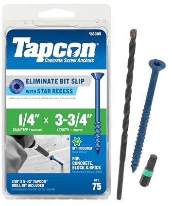 Tapcon 1/4 x 3-3/4 Inch Blue Climaseal® Star Head Concrete Anchors, 75 PCS, Corrosion Resistant Coating, Heavy-Duty Concrete and Masonry Screws, Superior Holding Strength, Drill & T-30 Bit Included