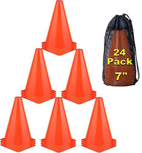 7 Inch Cones Sports, 24 Pack Orange Soccer Cones Agility Field Marker Plastic Traffic Training Cones for Basketball Football Skating Drills Practice - Indoor and Outdoor Festive Events Obstacle Course