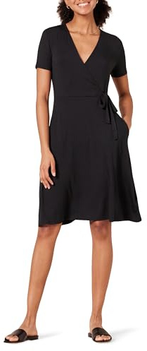 Amazon Essentials Robe Effet Cache-cœur à Manches Courtes Femme, Noir, XS