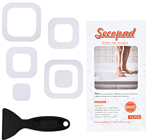Secopad - 72 Adesivi Antiscivolo, con scolpiture, per vasche da Bagno e docce, con Raschietto (Trasparente)