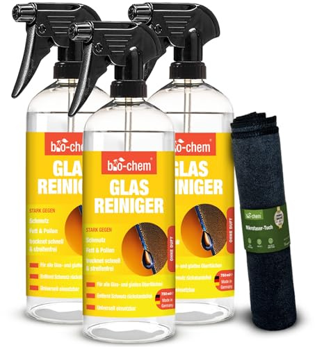 bio-chem Glasreiniger Hochglanzreiniger für streifenfreien Glanz | 3x 750 ml + Mikrofasertuch | Ideal für Glasflächen, Spiegel, Fenster, Autoscheiben, Küchenfronten und sonstige lackierte Oberflächen