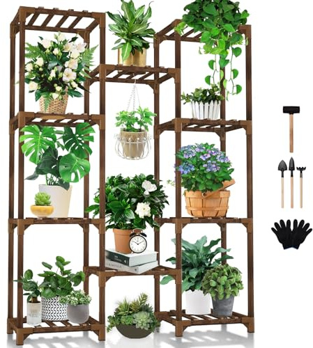 Uneedem Plant Stand Indoor Outdoor, Tall Plant Shelf for Multiple Plants, 10 tiers 11 Pot Large Plants Holder Rack Wood Plant Shelves for Room Corner Balcony Garden Patio