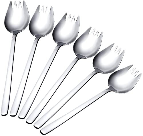 6 Pezzi Forchetta Cucchiaio in Acciaio Inox 2 in 1 Forchette da Dessert 7,3 Pollici Manico Lungo Forchette da Insalata per Casa Campeggio Viaggio (Argento)