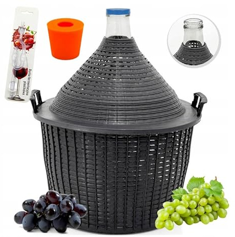 MIKONI Globo de vino con canasta + tubos de fermentación + tapones de goma globo de cristal (globo de vino de 34 L)