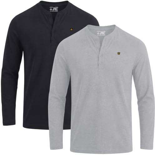 JRC 2 Pack Mens Long Sleeve Henley Shirts, Lightweight Henley Tops for Gym, Running & Casual Outings (Heather Grey, Charcoal, L)