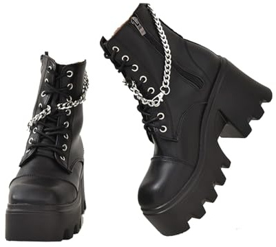 MANGGUO Botas de tacón Alto Plataforma de cuña para Mujer PU Cadena Cremallera Lateral Botines con Cordones ﻿