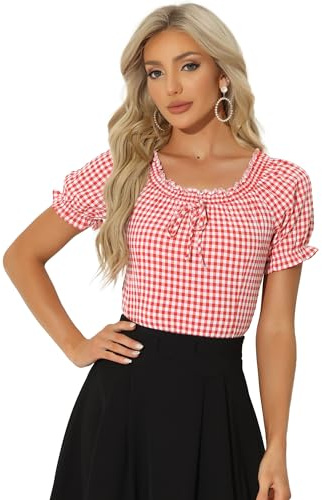 Allegra K Gingham Plaid Blouse for Women Peasant Round Neck Ruffles Puff Sleeve Top Red XL