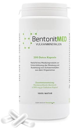 Bentonit MED Detox-Kapseln 200, Bentonit-Montmorillonit, Medizinprodukt, Apothekenqualität, Darmreinigung, Entgiftung von Schwermetallen, Entgiftungskur, Vulkanmineralien, Heilerde