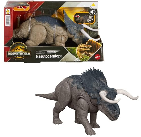 Mattel Jurassic World : Renaissance , Nasutoceratops dinosaure articulé , jouet avec morsure commandée à partir de la queue, attaque dans toutes les directions, rugissement féroce, JGC81