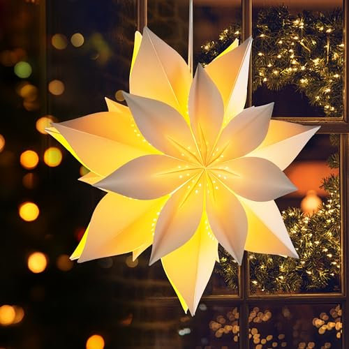 EANLOLY Weihnachtsstern Beleuchtet LED Stern, Weihnachtsdeko Innen Fenster, Papiersterne Zum Aufhängen mit Beleuchtung, Weihnachten Leuchtstern Lichterkette, 45 cm Weiß