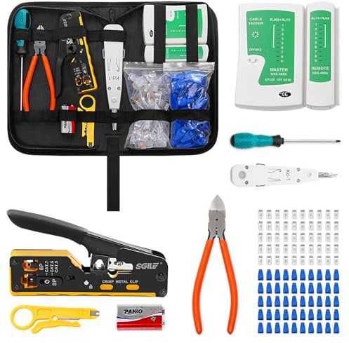 SGILE Netzwerk Werkzeug Set, RJ45/RJ11/RJ12 Crimpzange Kompatibel mit Cat5/Cat6, mit 50 x Cat6 RJ45 Stecker, Kabeltester & Abisolierer, Netzwerk Reparatur Kit