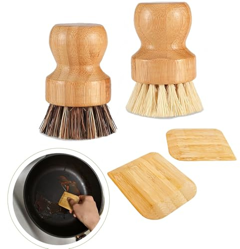 Bamboo Dish Scrub Brush with Bamboo Pan Scraper,Sisal Coconut Palm Round Brush,Effectively Use for Kitchen Pots, Bowls, Plates, Cutting Boards and Vegetables Cleaning Without Scratching