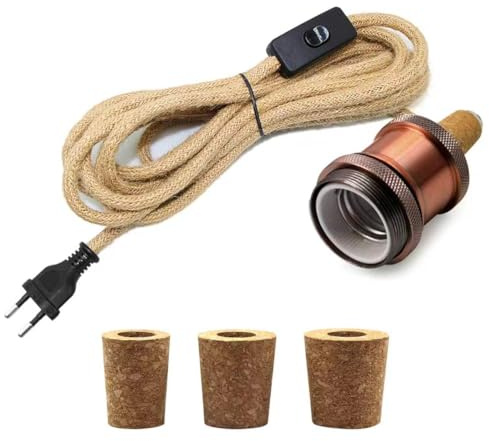 Kit Adaptateur Bouteille Lampe, 240CM Corde de Chanvre Câble, Douille E27 avec Interrupteur, Support Ampoule pour Lampe Bouteille, 3 Bouchons Souples, Convient pour Différent Bouteille, Rouge