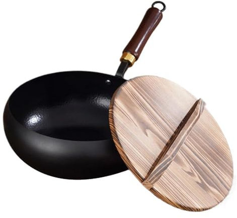 Padella in ferro giapponese con coperchio in legno, padella antiaderente forgiata a mano, padelle da 24 cm senza rivestimento chimico fondo piatto Wok cinese per stufe elettriche, a induzione, a gas